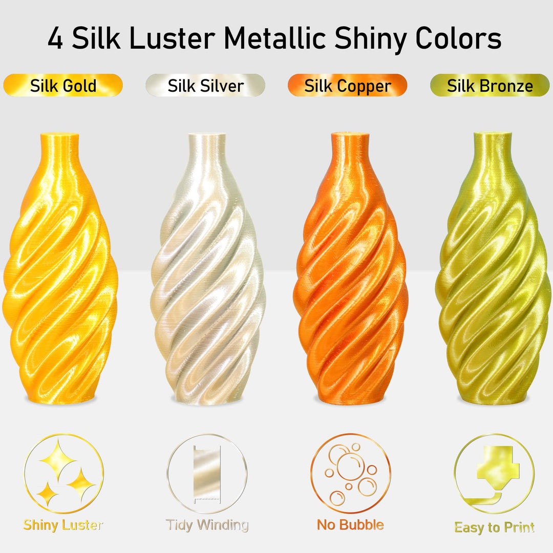 Shiny Silk Multicolor Rainbow PLA Filament, 1.75mm Metallic Gradient 3D Printing Material 0.5kg/Spool Total 3 Spools 1.5kgs, Filament Bundle Package with Extra Accessory 3D Print Stick Tool