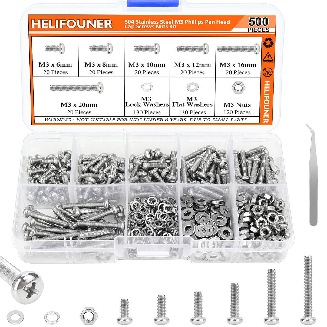 500 Pieces M3 x 6mm /8mm /10mm /12mm /16mm /20mm, Phillips Pan Head Machine Screws, Metric Screws Bolts Washers Nuts Kit, 304 Stainless Steel