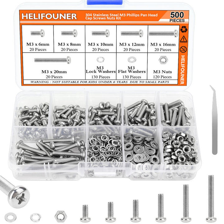500 Pieces M3 x 6mm /8mm /10mm /12mm /16mm /20mm, Phillips Pan Head Machine Screws, Metric Screws Bolts Washers Nuts Kit, 304 Stainless Steel