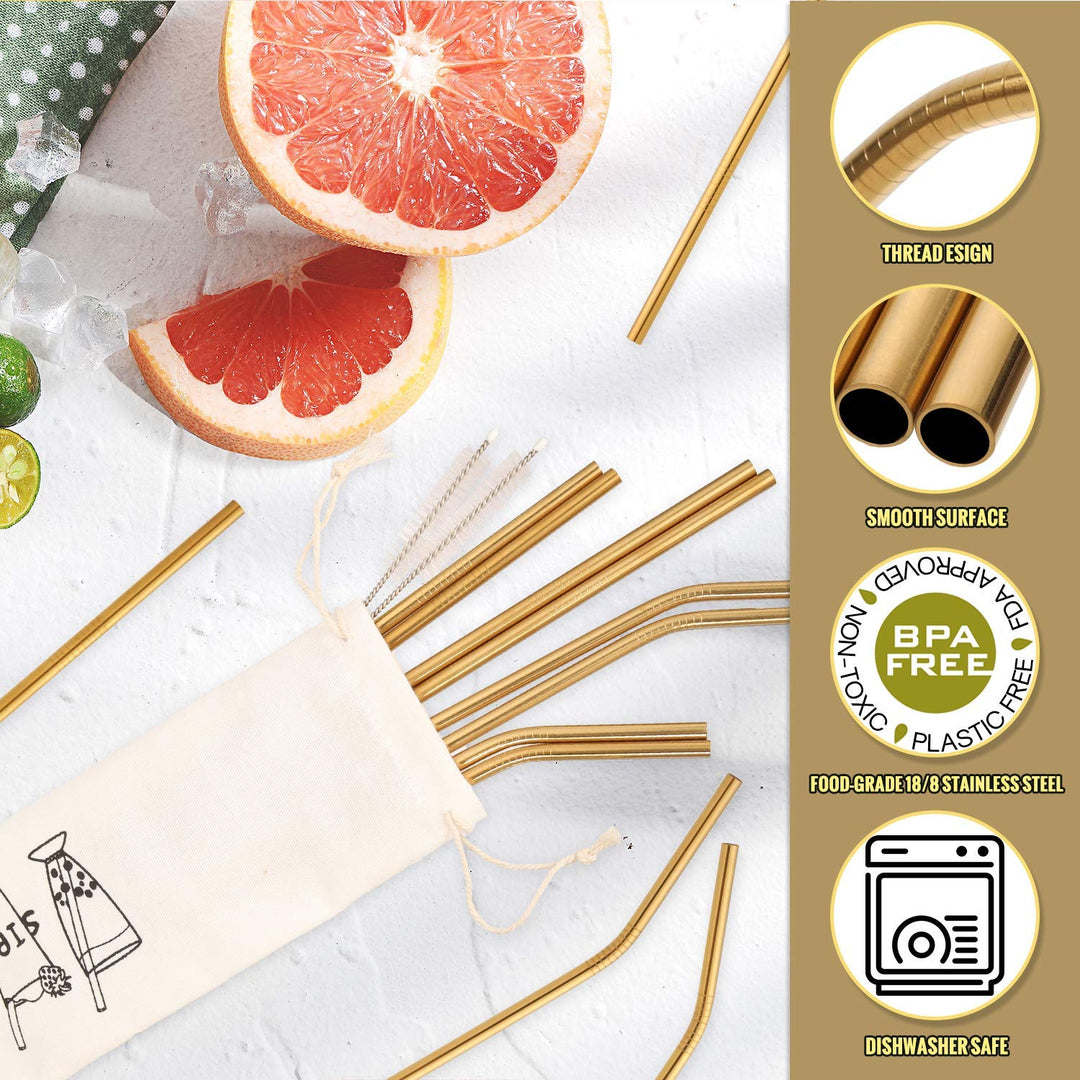 Hiware 12-Pack Gold Stainless Steel Straws Reusable with Case - Metal Drinking Straws for 30oz / 20oz Tumblers Yeti Dishwasher Safe, 2 Brushes Included