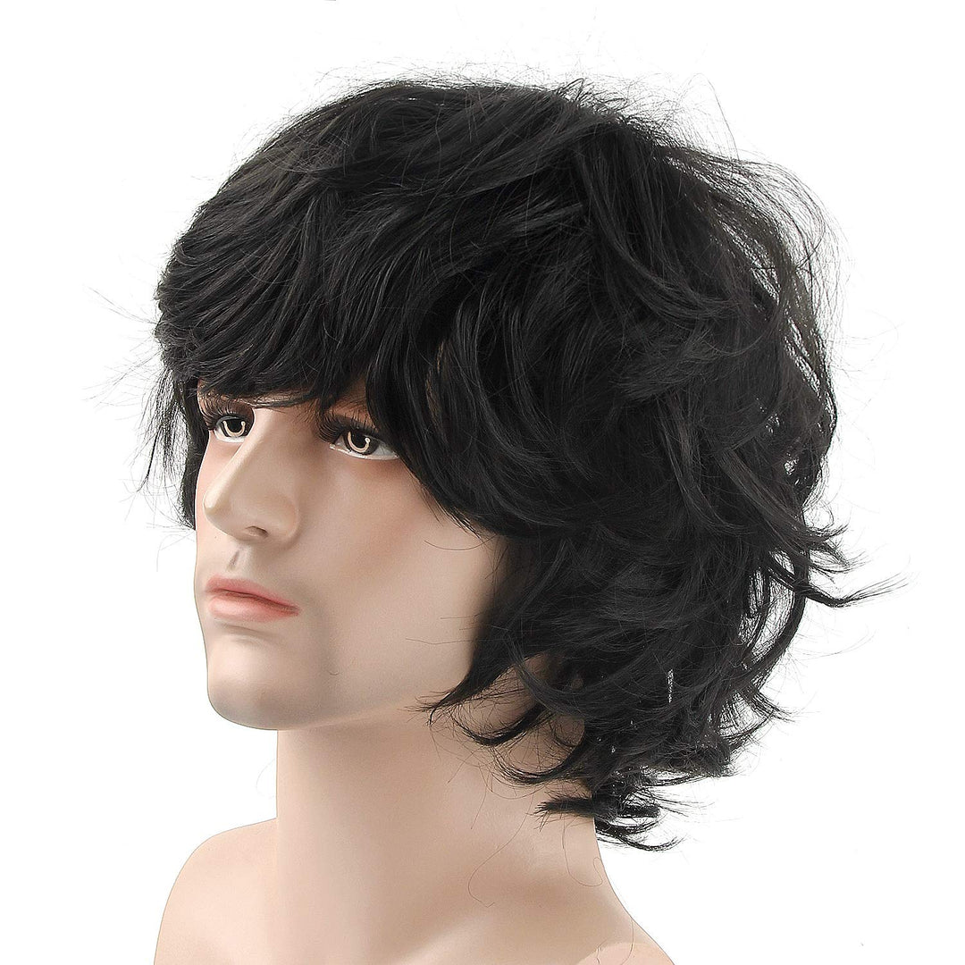 Men Black Wig, Short Wavy Shaggy Style Layered Wig for Halloween Costumes Cosplay with Wig Cap