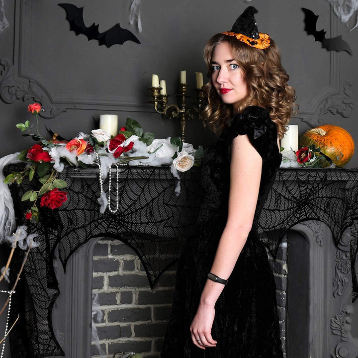 5 Pack Halloween Decorations Set,Black Halloween Tablecloth Runner Lace Spiderweb Table Cover Fireplace Lampshade with 120pcs 3D Bats Wall Sticker