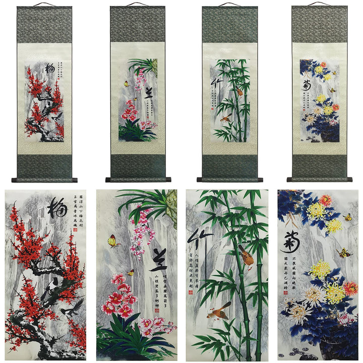 Asian Wall Decor Beautiful Silk Scroll Painting 4 Righteous Men Flowers - Plum Orchid Bamboo Chrysanthemum Oriental Decor Chinese Art Wall Scroll Hanging Painting Scroll (4 Piece)…