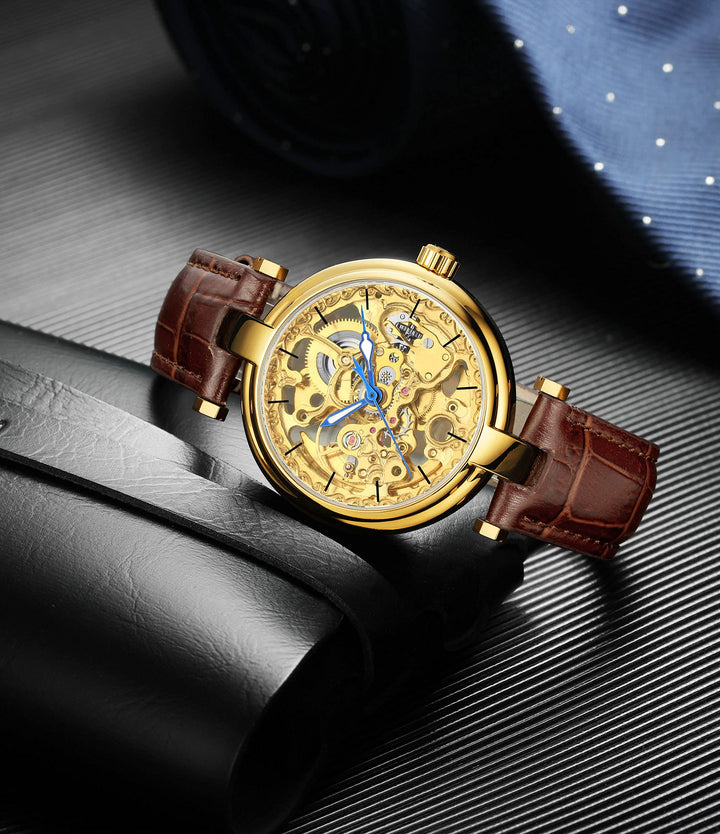 Skeleton Automatic Steampunk Watches Gold-Tone Luminous Hands Leather Strap Wrist-Watch (Gold)