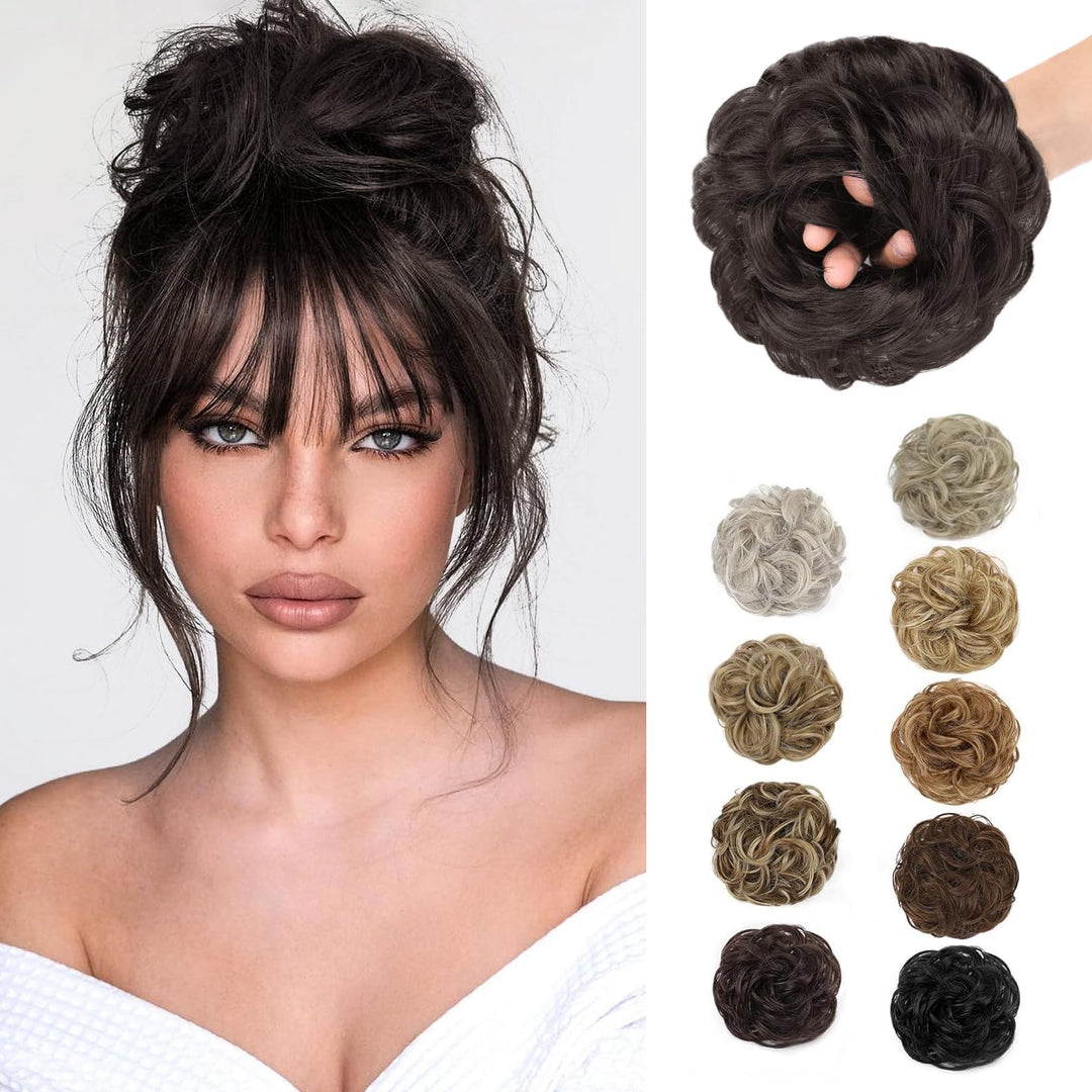 1PCS Messy Hair Bun Hair Scrunchies Extension Curly Wavy Messy Synthetic Chignon for Women (4#(Darkest Brown Tend to Black))