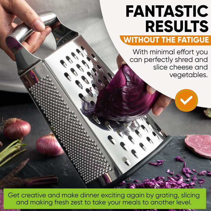 Professional Large Parmesan Cheese Grater, Stainless Steel Metal Box Grater with Handle, 4 Sided Handheld Kitchen Food Shredder for Cheese, Carrot, Veggie, Ginger, Potato - Dishwasher Safe