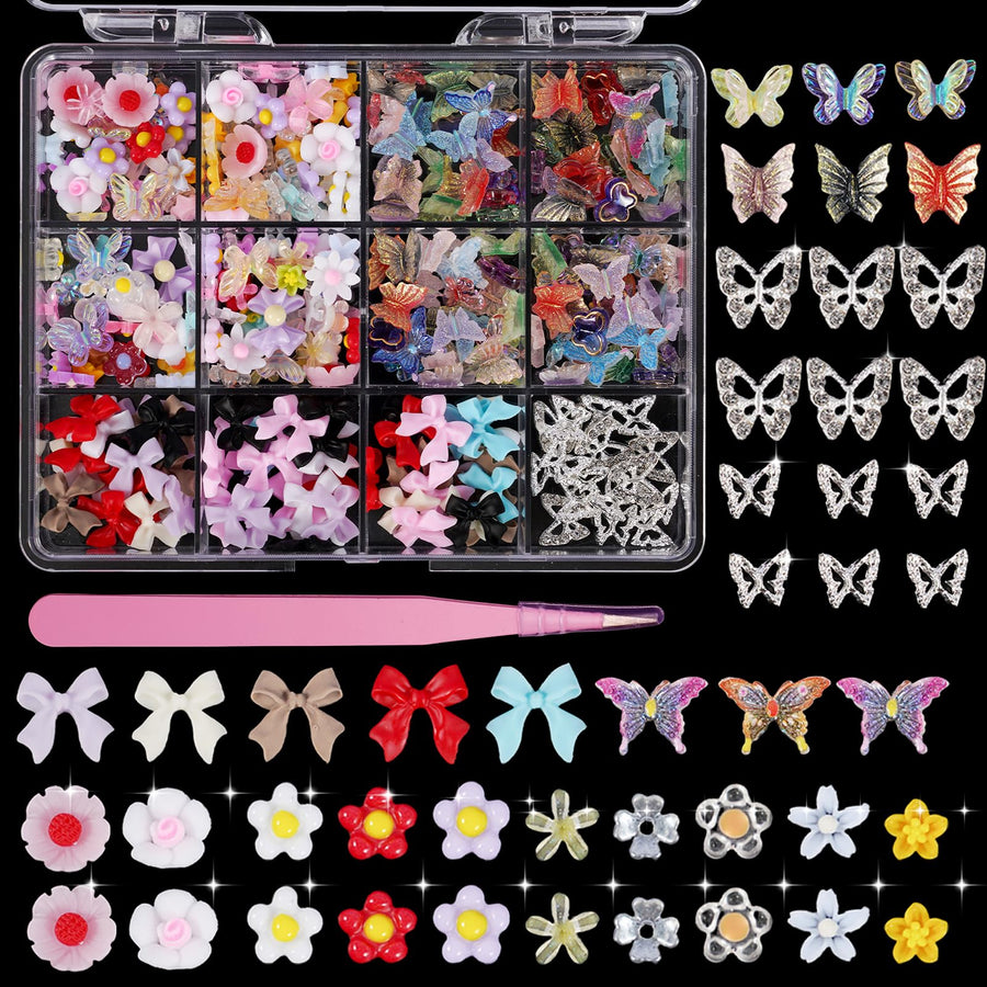 3D Butterfly Flower Nail Charms Acrylic Colorful Flowers Nail Charms with Starry AB Crystals Rhinestones Multi Sizes Pearls Gold Butterfly Charms for Nail Art DIY Decal Jewelry Accessories Crafts