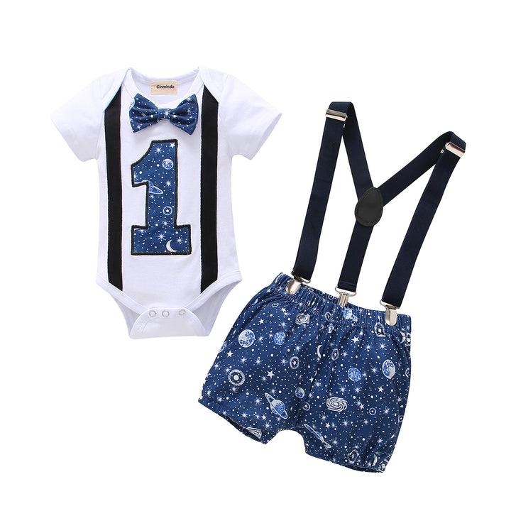 Baby Clothes 1st Birthday Outfits Short Long Sleeve Romper Pants Suspenders Strap Outfits Toddler Boy First Sets Blue
