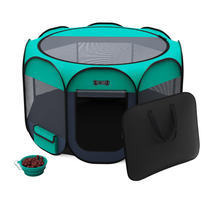 Ruff &#39;n Ruffus Portable Pet Playpen | Premium Indoor/Outdoor Foldable Pen | Water-Resistant + UV Shade | Bonus: FREE Case &amp; Travel Bowl