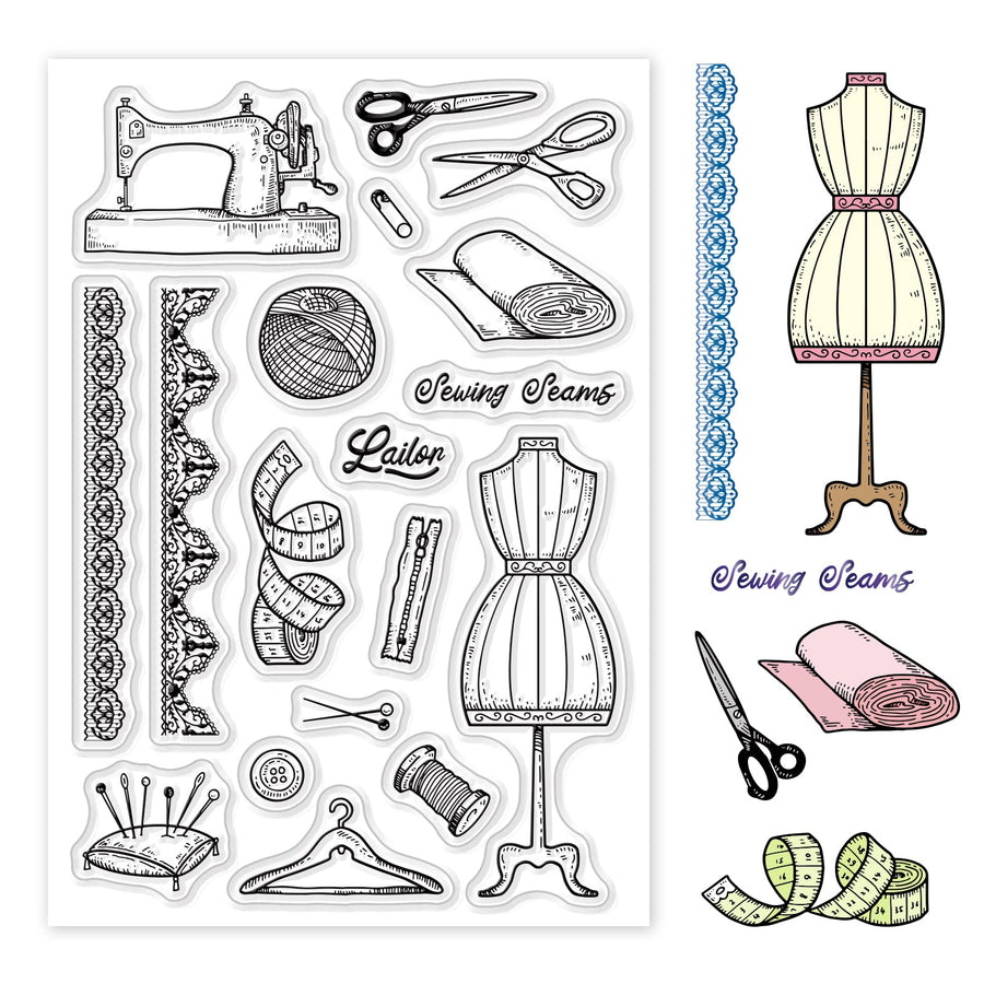 Vintage Clear Stamps Transparent Silicone Stamp Sewing Machine Wool Tape Measure Cloth Skirt for Card Making Decoration and DIY Scrapbooking