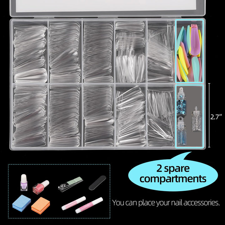 500Pcs Coffin Nail Tips Full Cover Clear Nails for Acrylic Ballerina False Nail Tips, 10 Sizes