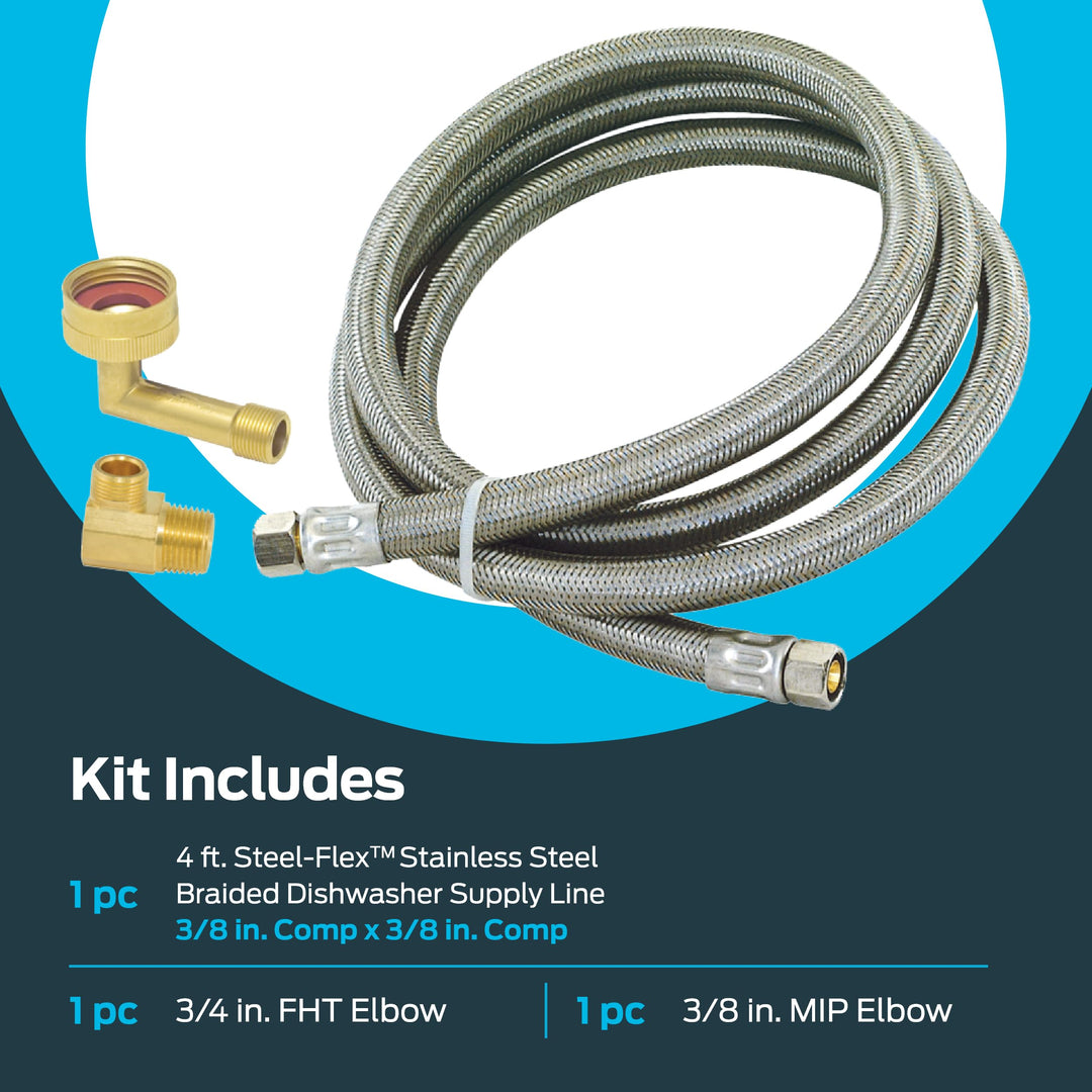 Eastman Dishwasher Installation Kit, 4 Foot Supply Line with 3/8 Inch Compression Ends, 3/8 Inch MIP Elbow and 3/4 Inch FHT Elbow, Braided Stainless Steel Dishwasher Connectors, 41037