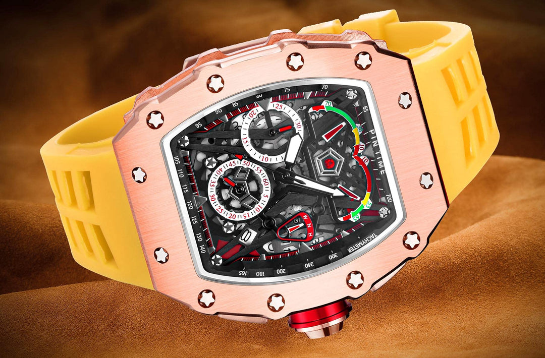 Mens Luxury Tonneau Square Watches Analog Punk Chronograph Unique Sports Wrist Watch Japanese Movement Luminous Design with Rubber Band (Rosegold Yellow)