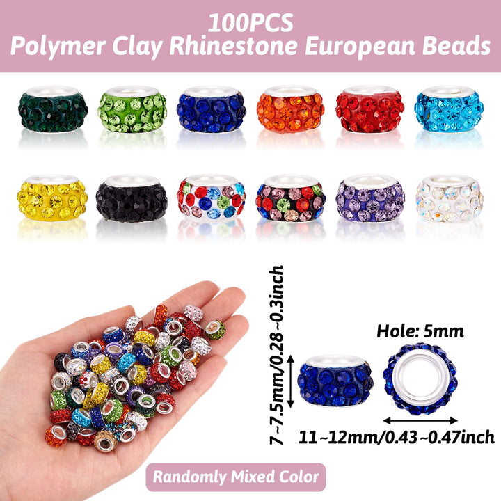 100Pcs Random Mixed Color Polymer Clay Large Hole European Beads with Rhinestone 11-12x7-7.5mm Rondelle Slide Bead Spacers for DIY Snake Chain Bracelet Making 5mm Big Hole