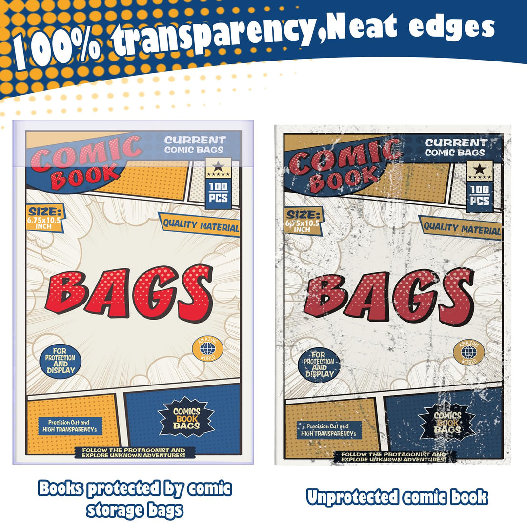 Comic Book Bags, Current Size Comic Bags 7.2 X 10.5 inch Transparent Acid-Free and Reusable Comic Book Sleeves for Regular Comics (100)