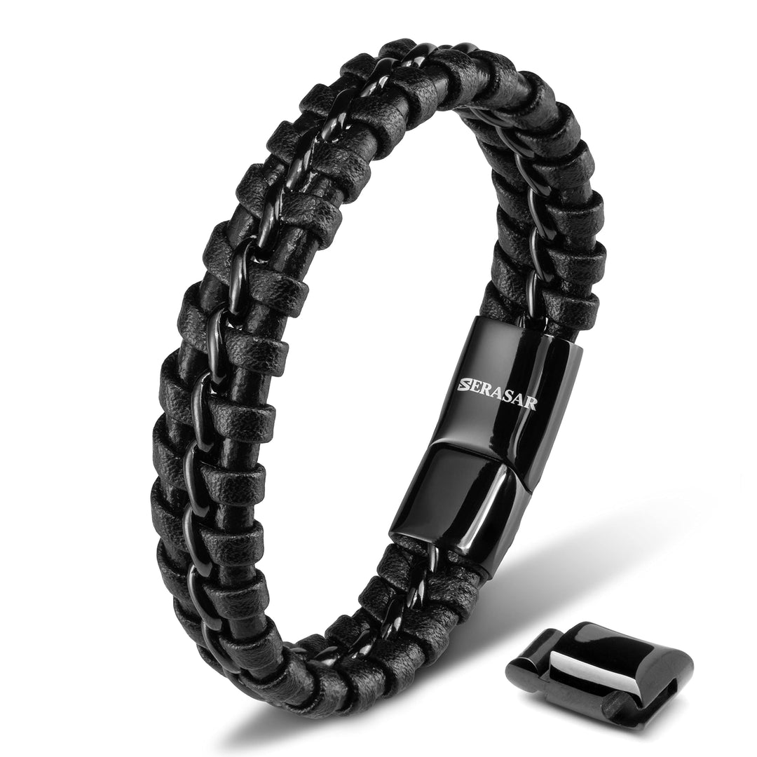 SERASAR 8 Black Leather Bracelets for Men - Mens Bracel