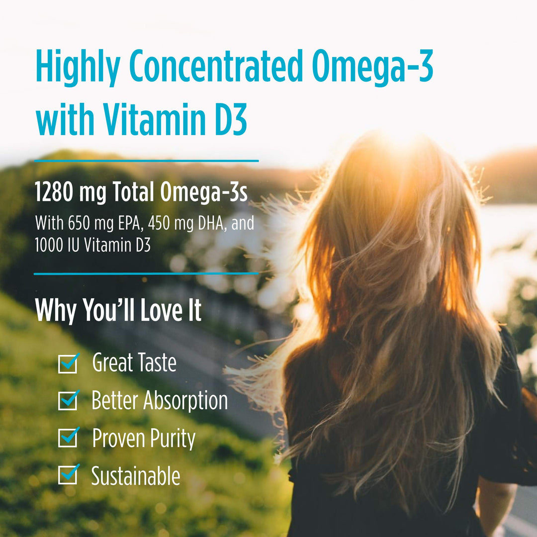 ProOmega-D, Lemon Flavor - 120 Soft Gels - 1280 mg Omega-3 + 1000 IU D3 - High-Potency Fish Oil - EPA &amp; DHA - Brain, Eye, Heart, &amp; Immune Health - Non-GMO - 60 Servings