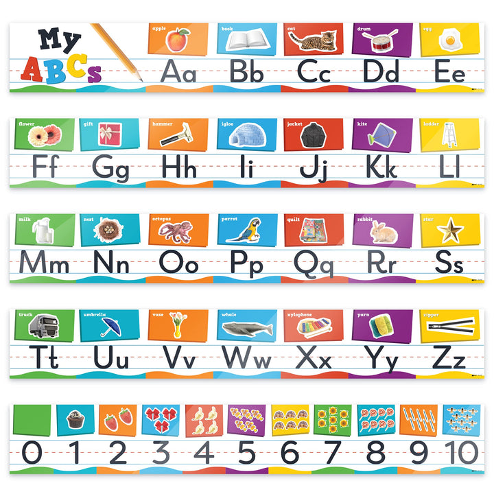 Alphabet Line For Classroom Wall - ABC Alphabet Banner &amp; Number Border Posters - 8” x 56” Glossy Lamination 5 pcs - Kindergarten Preschool Classroom Alphabet Decorations Educational Poster