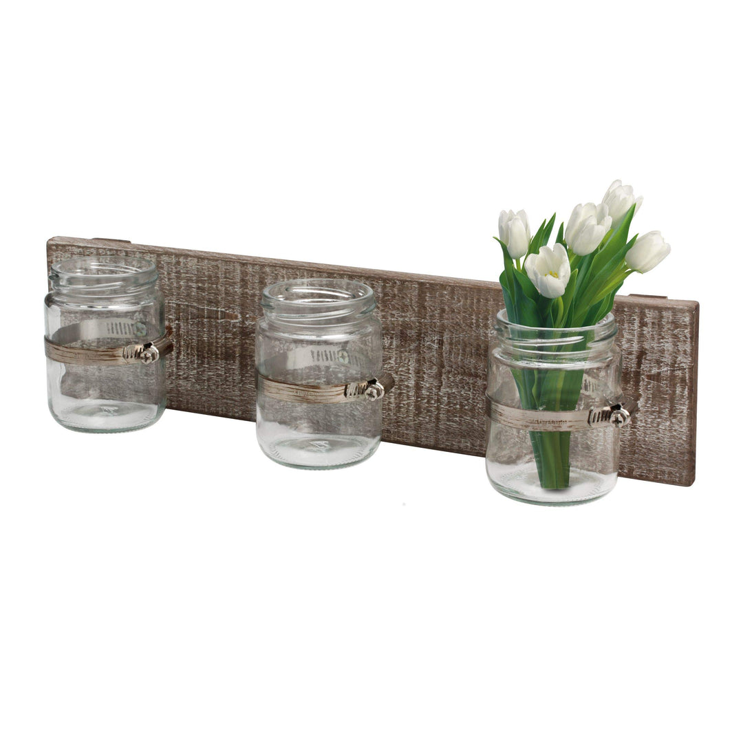 Rustic Industrial White Wash Wood Hanging Wall Decor with 3 Glass Jar Containers, Clear