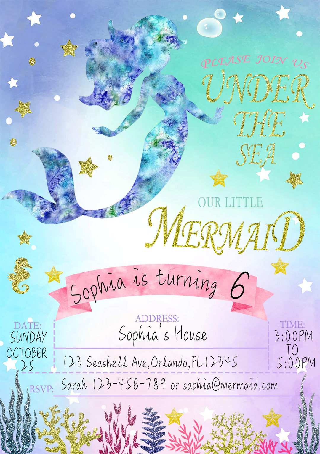 Mermaid Invitations with Envelopes,Magical Glitter Mermaid Party Invitations,20 Fill in Mermaid Birthday Invitation Under The Sea Invitations