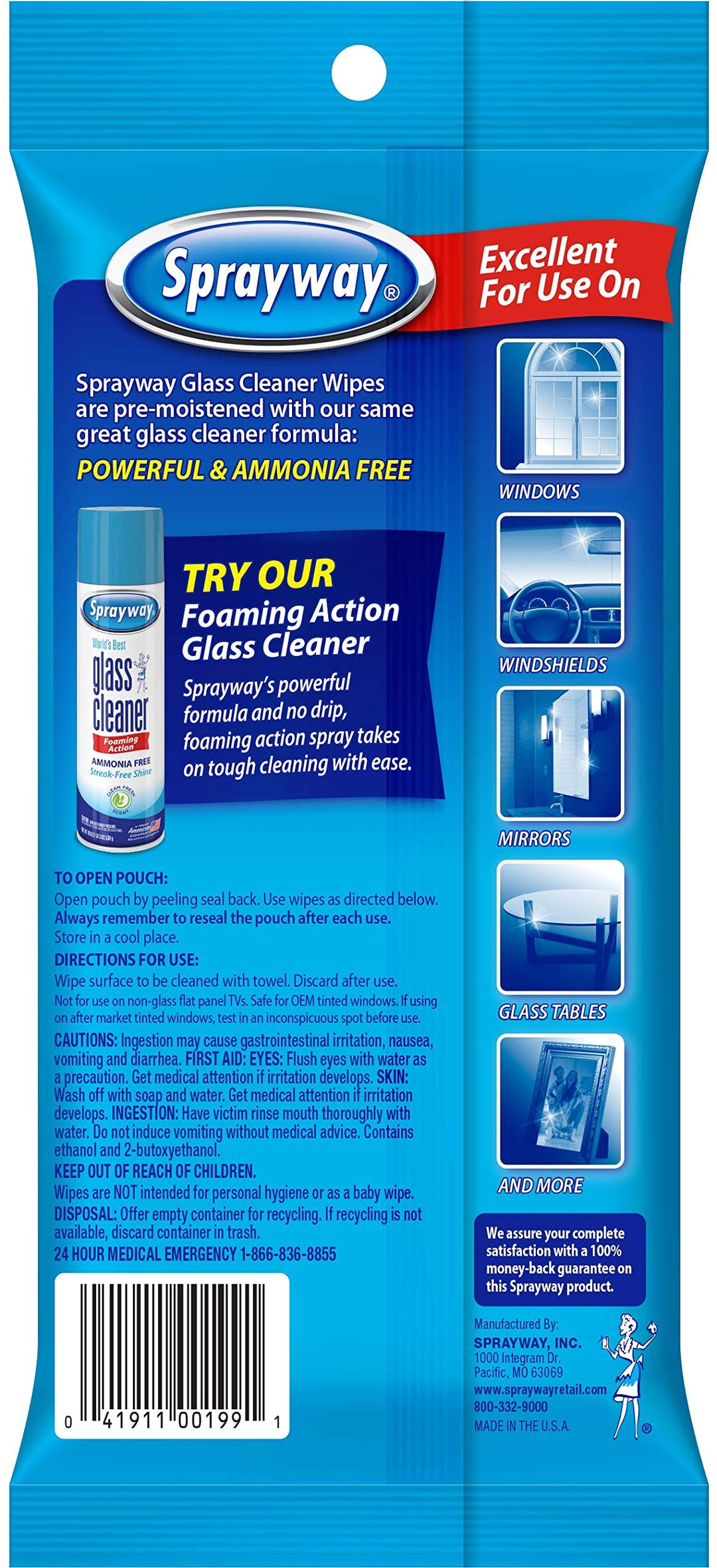 Sprayway SW199R Ammonia-Free Glass Cleaner Wipes, Fresh