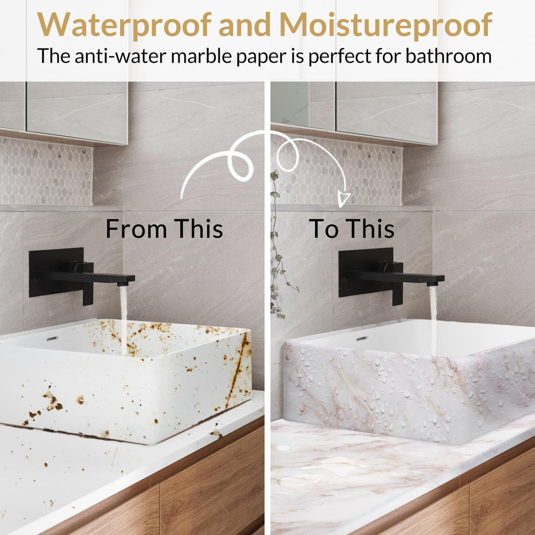 Marble Contact Paper 17.5×78.7, Peel and Stick Countertops Wallpaper Waterproof Self Adhesive Wall Paper Roll for Cabinets Drawers Kitchen Old Furniture, Modern Matte White/Gold