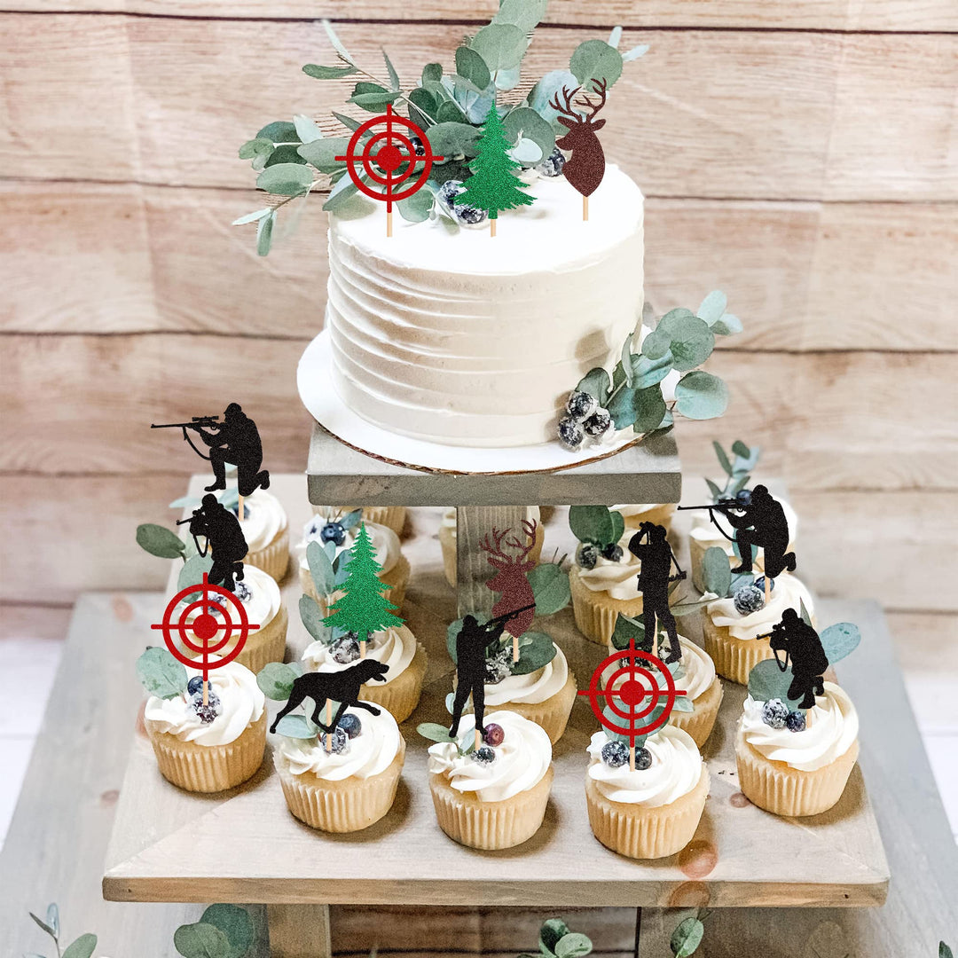 24 Pack Hunting Cupcake Toppers Glitter Tree Deer Hound Target Hunter Cupcake Picks Woodland Hunting Theme Baby Shower Boys Girls Birthday Party Cake Decorations Supplies