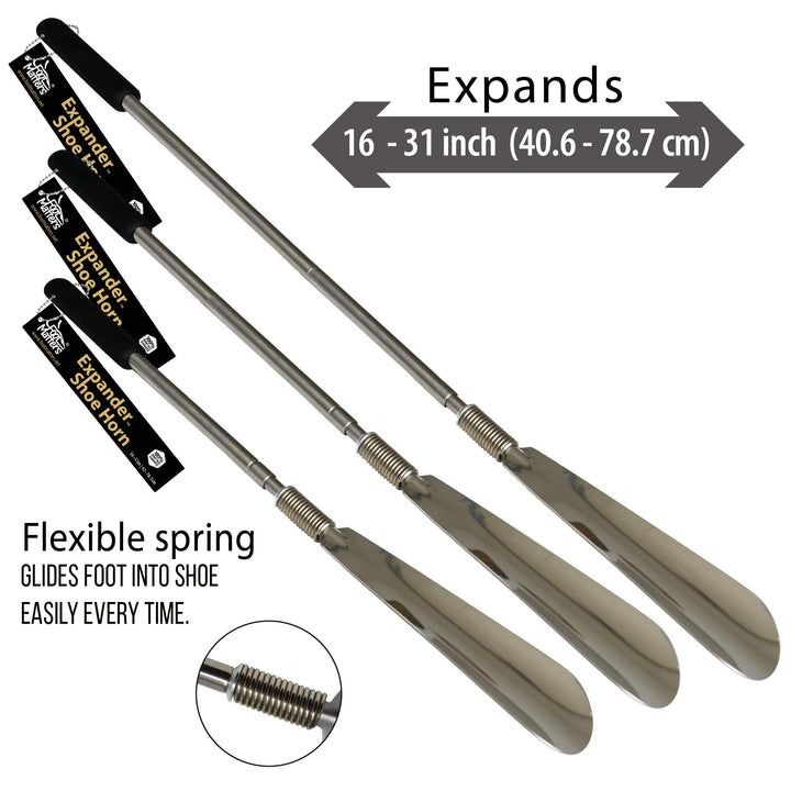 FootMatters Long Handled Metal Expander Shoe Horn Flex Spring End - Extendable &amp; Collapsible 16 to 31 - Stainless Steel Strong - Light &amp; Easy to Carry and Stow - 100% Money Back Guarantee