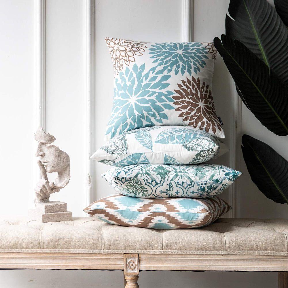 Set of 4 New Living Series Leaf Geometric Blue and Coffee Throw Decorative Pillow Cover Cushion Cover 18 x 18 inches 45 x 45 cm