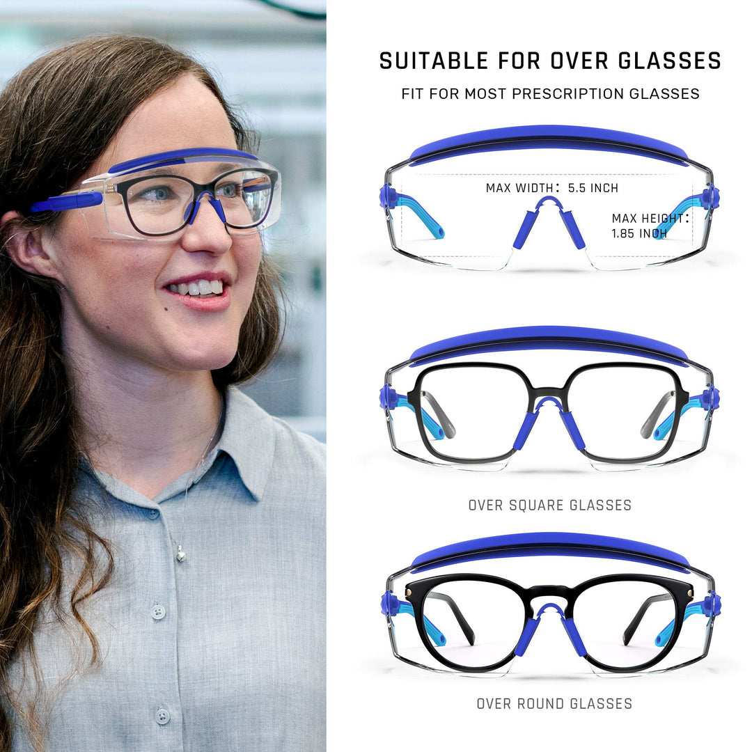 Anti Fog Safety Glasses Safety Goggles Over Glasses Protective Glasses with Anti Scratch Lenses Adjustable Frame And Temples,Clear, Lab Eyewear Goggles for men &amp; Women(Blue 1 Pair)