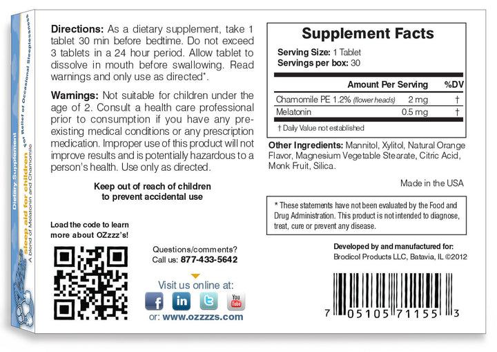 OZzzz’s Sleep Aid for Children, with Melatonin and Cham