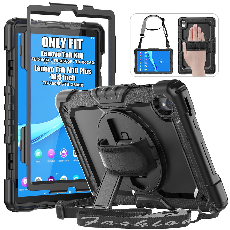 Case for Lenovo Tab M10 Plus 10.3 Inch/Tab K10, Protective with Screen Protector/Rotating Hand Strap, K10 M10 Plus Tablet Case 10.3 TB-X606F/TB-X606X/TB-X6C6F/TB-X6C6X, Black