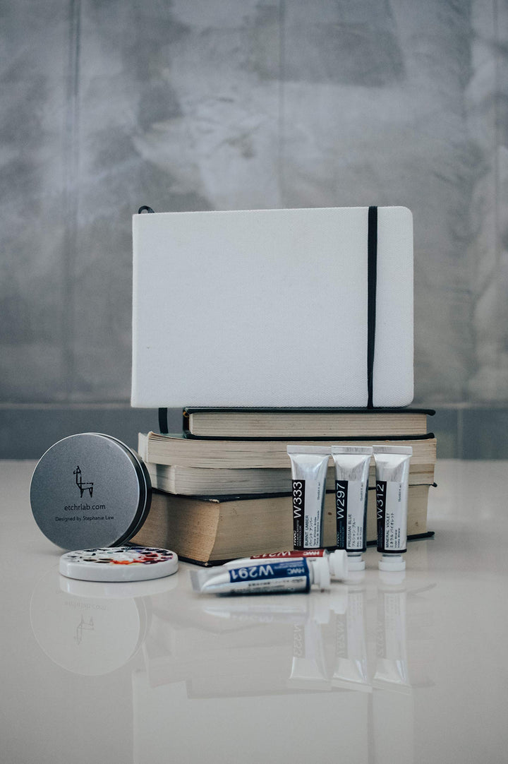 Etchr A5 Landscape Sketchbook - Cold Press Mixed Media 100% Cotton Sketchbook - Hardcover Drawing Book - Hardcover Sketchbook 5.8”x8.3 with 52 Pages - Sketch Pad with Customizable Cover