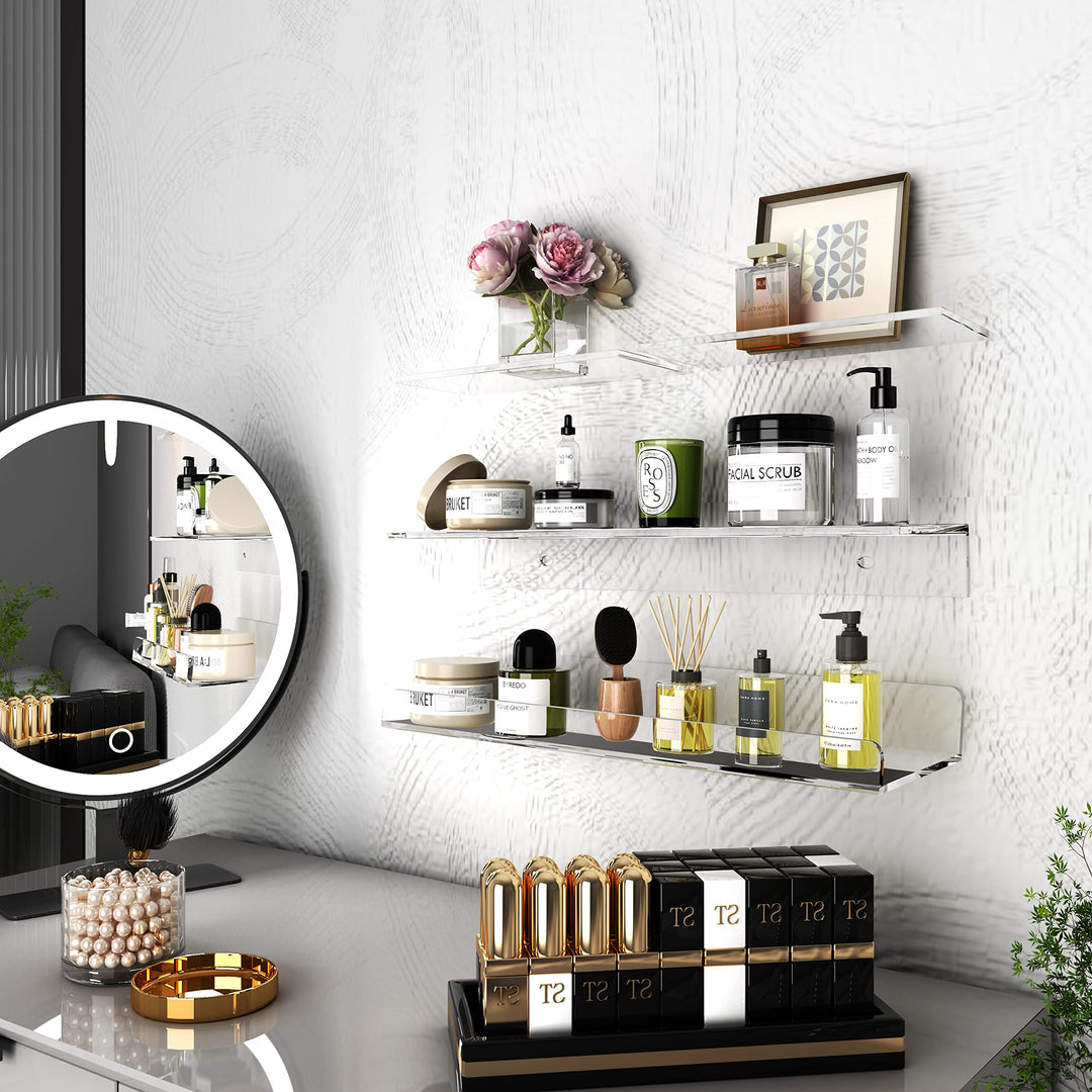 Acrylic Floating Shelves,Bathroom Shower Shelf,No Drill No Damage Wall Mounted,Clear Invisible,Renter Friendly Shelves Can Be Used in Bedroom, Kitchen, Living Room, Bathroom,Office (4 Pack)