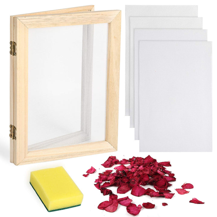 Paper Making Kit, Include A5 Size 7.5 x 9.8 Inch Wooden Paper Making Mould Frame Paper Making Screen, Nature Dried Flowers and Sponge for DIY Paper Craft