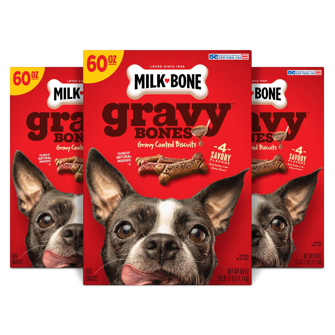Gravy Bones Dog Treats with 4 Savory Meat Flavors Coated in Gravy, 60 Ounce (Pack of 3)
