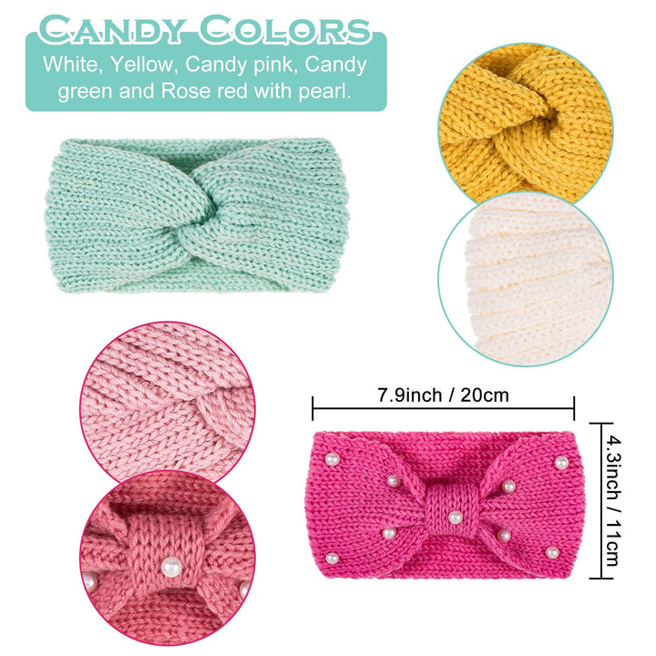 5 Pieces Knit Headbands Winter Ear Warmers, 4 Elastic Turban Head Wraps and 1 Pearl Crochet Hair Band, Hair Scrunchies Scarves for Women Girls (Candy Colors)