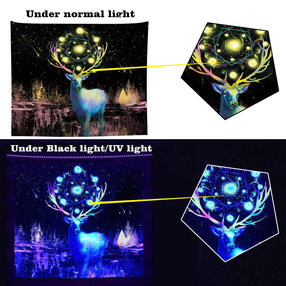 EKOFECK Blacklight Deer Tapestry, UV Reactive Stars Tapestry Glow in the Dark Party Backdrop, Black Light Magic Tapestries Wall Hanging for Bedroom Aesthetic Decor 60x51 Inch