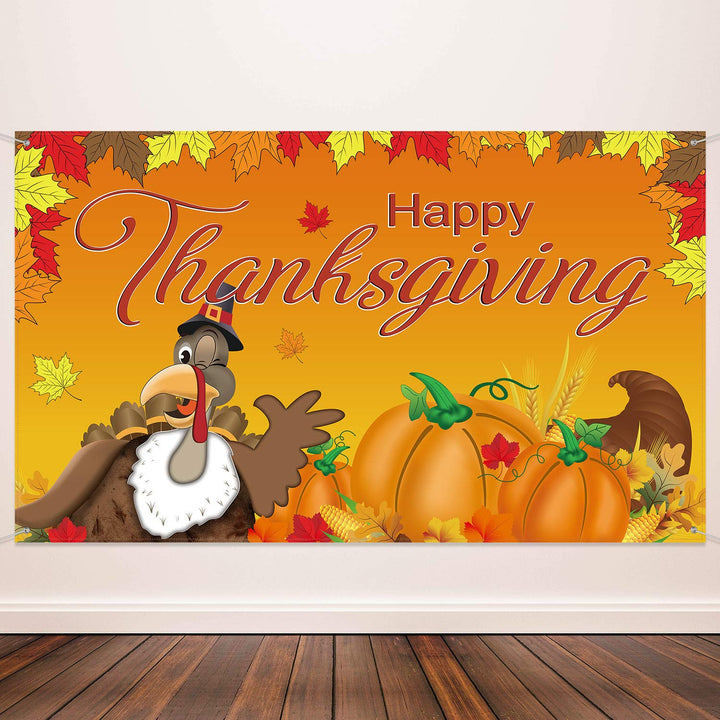 Happy Thanksgiving Background Fall Banner Thanksgiving Decorations Turkey Maple Leaves Pumpkin Banner for Fall Party Supplies , 72.8 x 43.3 Inch