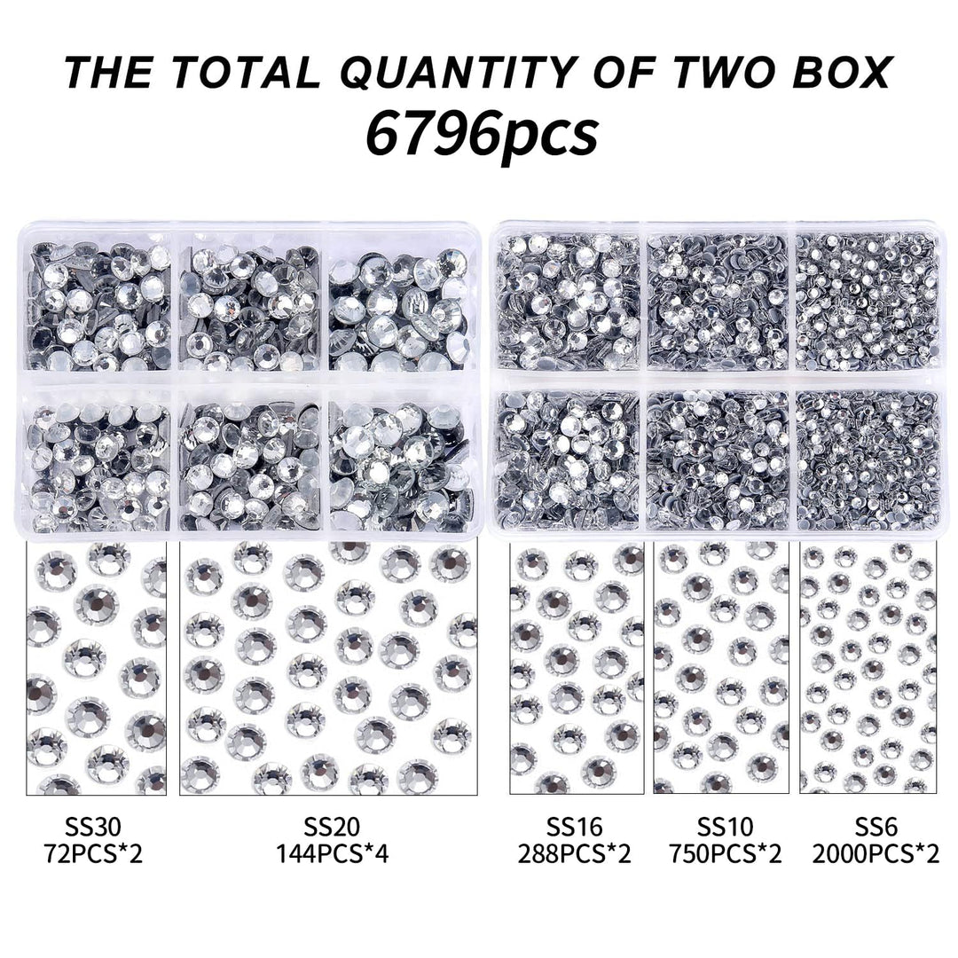 6796PCS Clear Hotfix Rhinestones Crystal Stones Glass for Fabric Clothes Shirts Sparkly Flat Back Round with Tweezers and Picking Pen (SS6~SS30 Set)