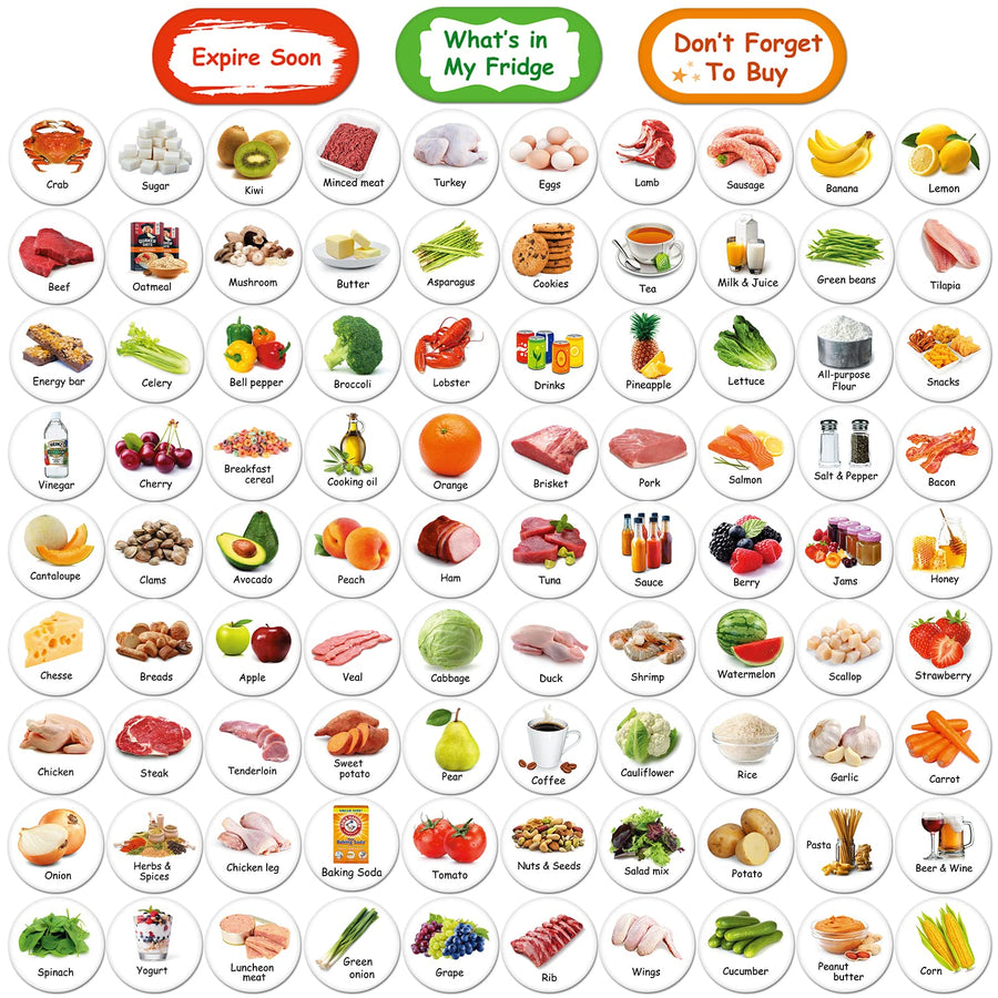 90PCS Food Magnets for Fridge, Grocery List Shopping List Vegetables Fruits Seafood Salad Meats Condiments Decorative Refrigerator Kitchen Office Locker Cabinets Classroom Whiteboards