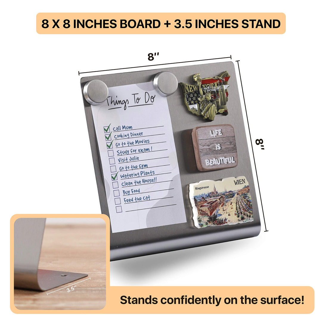 Magnetic Bulletin Board with Stand – Small Dry Erase Memo Board – Tabletop Metal Easel for Magnet Display – Mini Home Decor – 8x8 Inches + 2 Magnets
