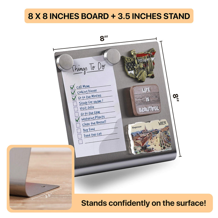 Magnetic Bulletin Board with Stand – Small Dry Erase Memo Board – Tabletop Metal Easel for Magnet Display – Mini Home Decor – 8x8 Inches + 2 Magnets