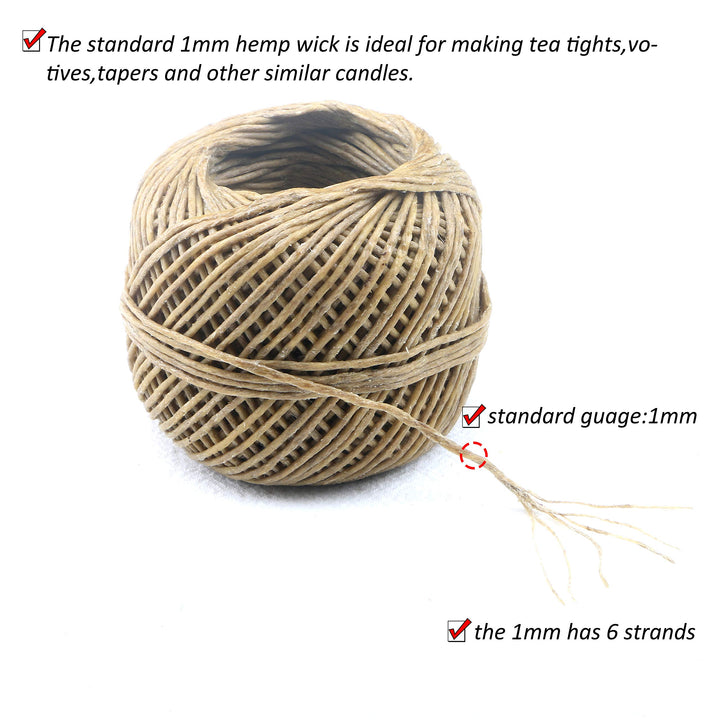 Hemp Wick with Natural Beeswax Coating, Edible Grade Beeswax, 200 FT Spool, Standard Size (1.0mm),Unbleached, Un-Dyed and 100% Organic.