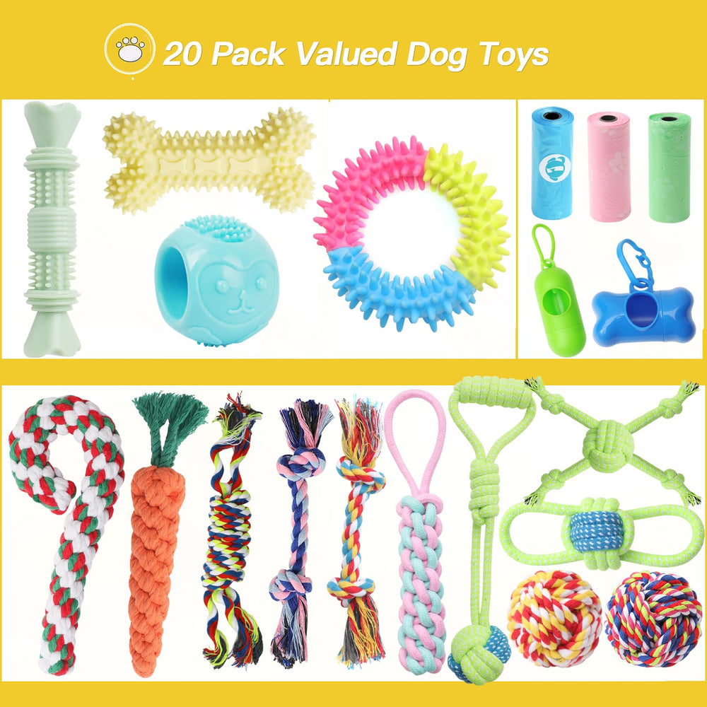 Puppy Toys 20 Pack, Puppy Chew Toys for Teething, Pet Dog Toothbrush Chew Toys for Puppy, Indestructible Pet Interactive Tug of War Squeaky Rope Toys for Puppies Small Medium Breed Chewers