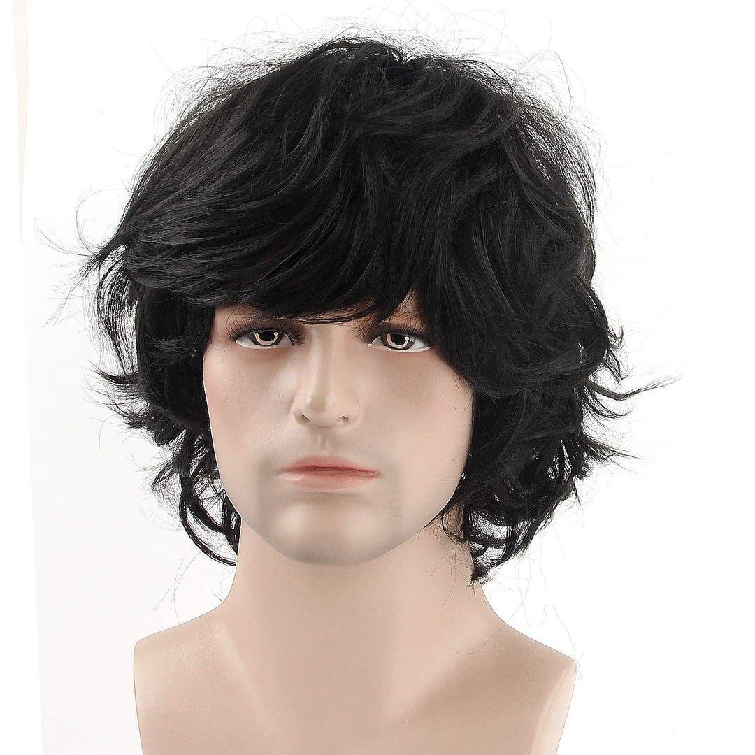 Men Black Wig, Short Wavy Shaggy Style Layered Wig for Halloween Costumes Cosplay with Wig Cap