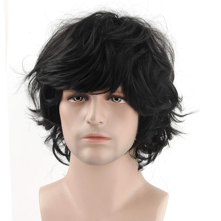 Men Black Wig, Short Wavy Shaggy Style Layered Wig for Halloween Costumes Cosplay with Wig Cap