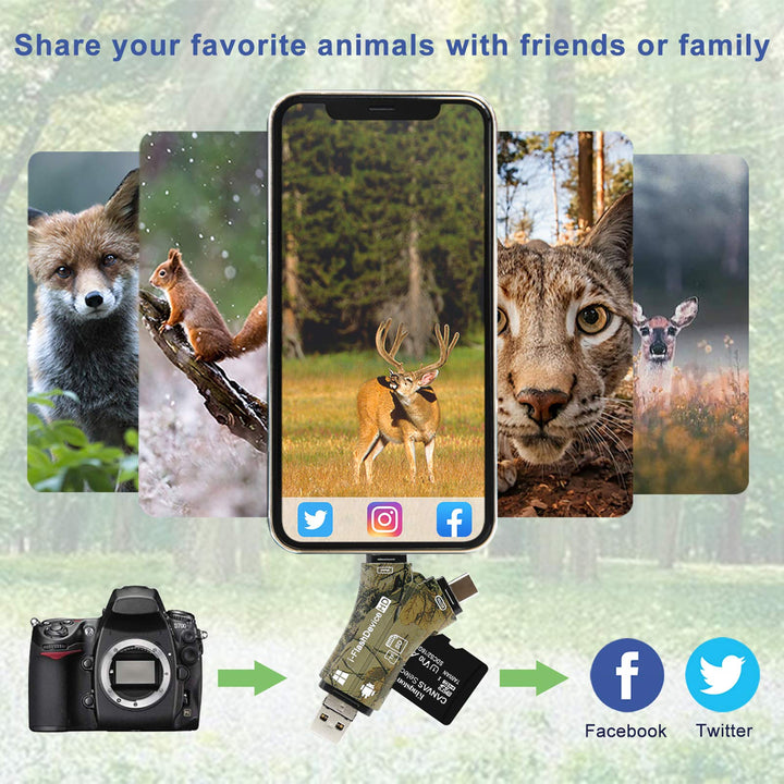 Trail Camera Viewer SD Card Reader for iPhone iPad Mac &amp; Android, 4 in 1 SD/Micro SD/TF Memory Card Reader Adapter to View Hunting Game Camera Photos or Videos on Smartphone
