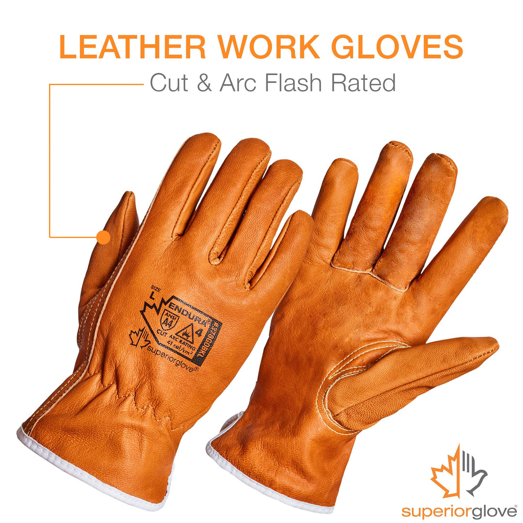 Goat Grain Leather Work Arc Flash Gloves with ParaActiv Cut Resistant Protection - Endura Safety Gloves Water Resistant 378GOBKL (1 Pair) Size Large