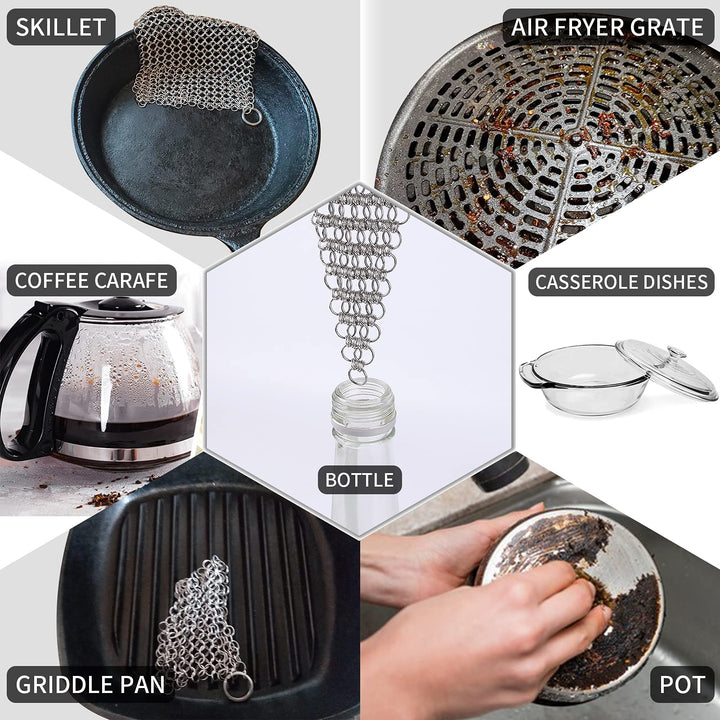 2Pack 4.5inch Stainless Steel Cast Iron Cleaner, Chainmail Scrubber for Pre-Seasoned Pan Pot, Iron Skillet Chain Link Cleaning, Clean Dutch Ovens, Waffle Grills &amp; Griddle Pan Easily, Metal Scrub Tool